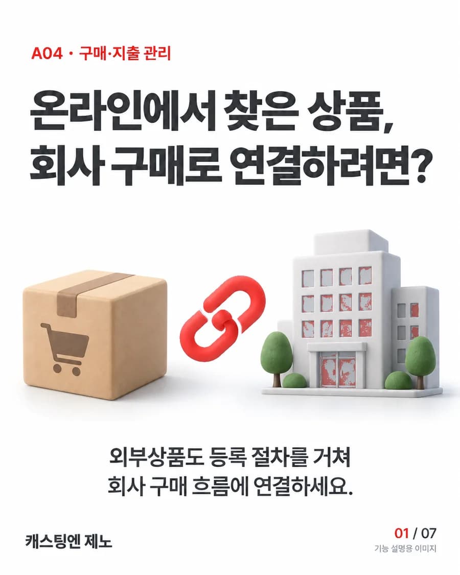 온라인에서 찾은 상품, 회사 구매로 연결하려면? 외부상품도 등록 절차를 거쳐 회사 구매 흐름에 연결하세요.