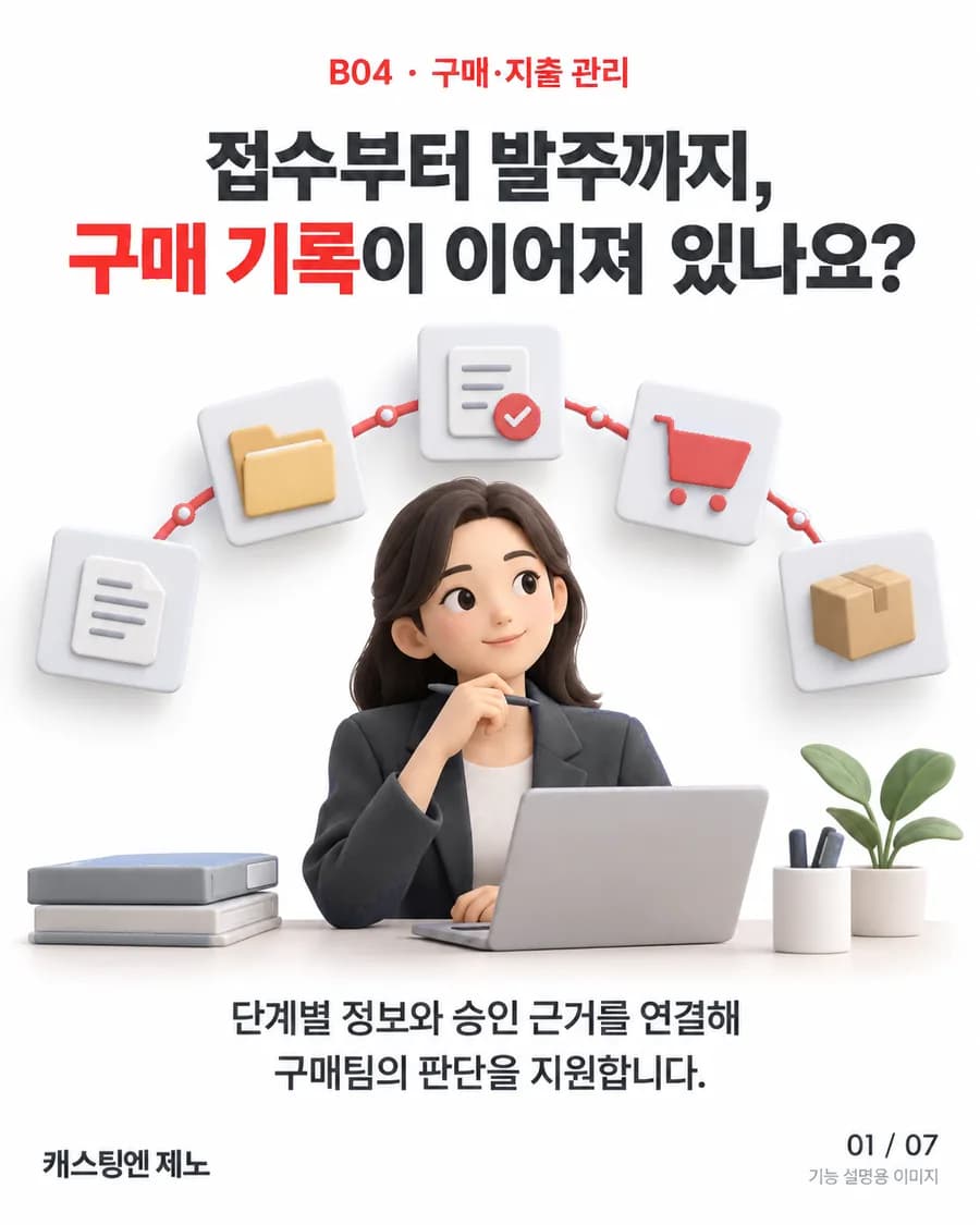 접수부터 발주까지, 구매 기록이 이어져 있나요? 단계별 정보와 승인 근거를 연결해 구매팀의 판단을 지원합니다.