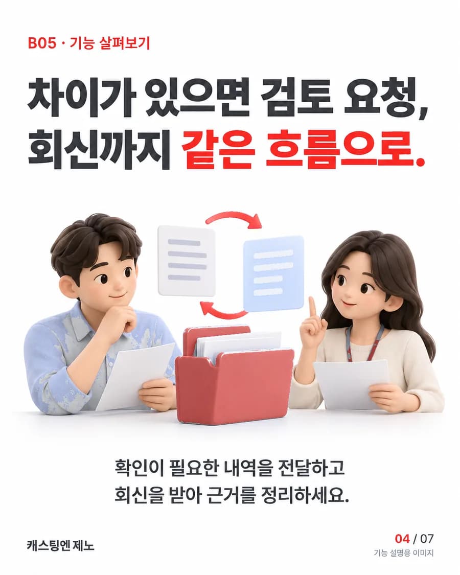 차이가 있으면 검토 요청, 회신까지 같은 흐름으로. 확인이 필요한 내역을 전달하고 회신을 받아 근거를 정리하세요.