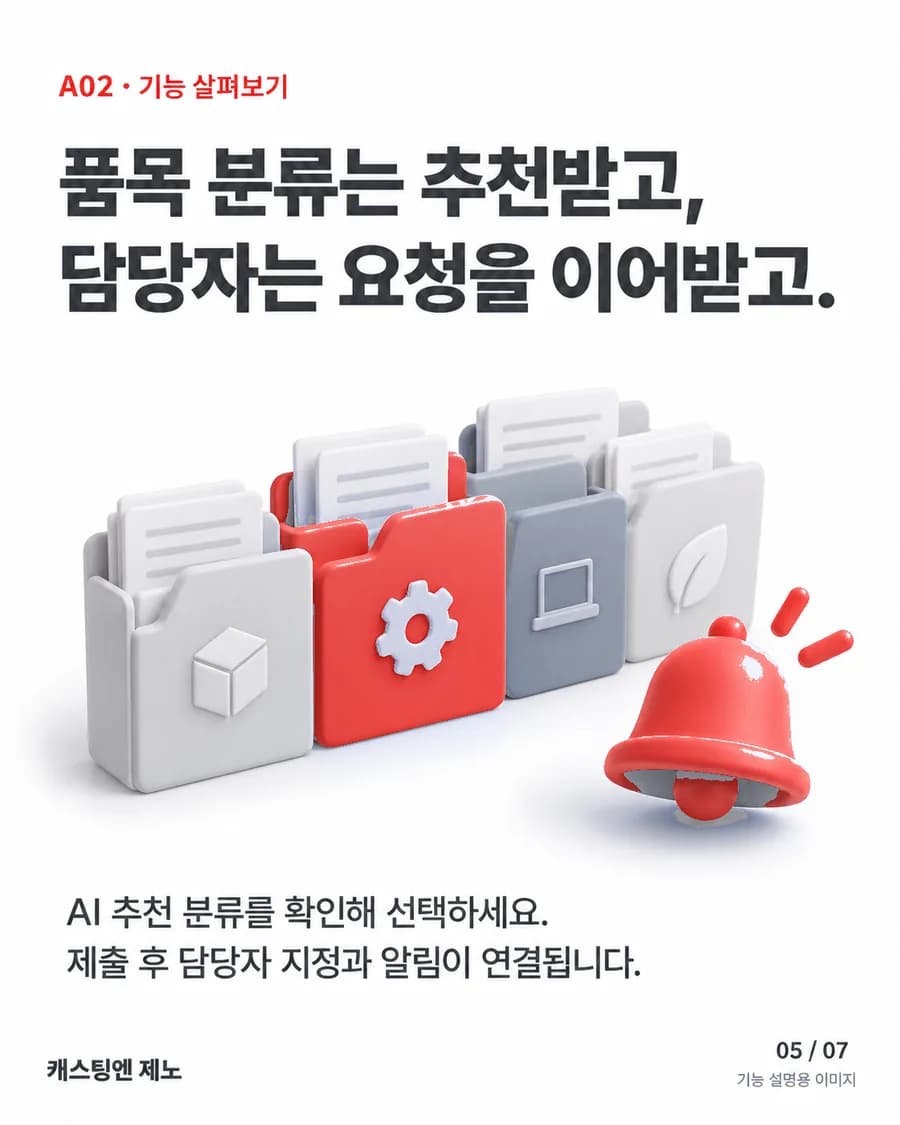 품목 분류는 추천받고, 담당자는 요청을 이어받고. AI 추천 분류를 확인해 선택하세요. 제출 후 담당자 지정과 알림이 연결됩니다.