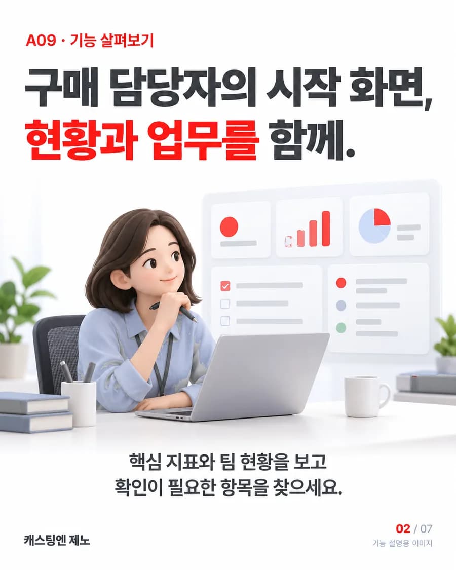 구매 담당자의 시작 화면, 현황과 업무를 함께. 핵심 지표와 팀 현황을 보고 확인이 필요한 항목을 찾으세요.
