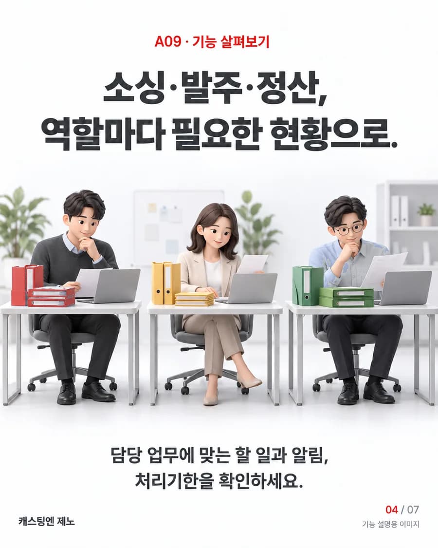 소싱·발주·정산, 역할마다 필요한 현황으로. 담당 업무에 맞는 할 일과 알림, 처리기한을 확인하세요.