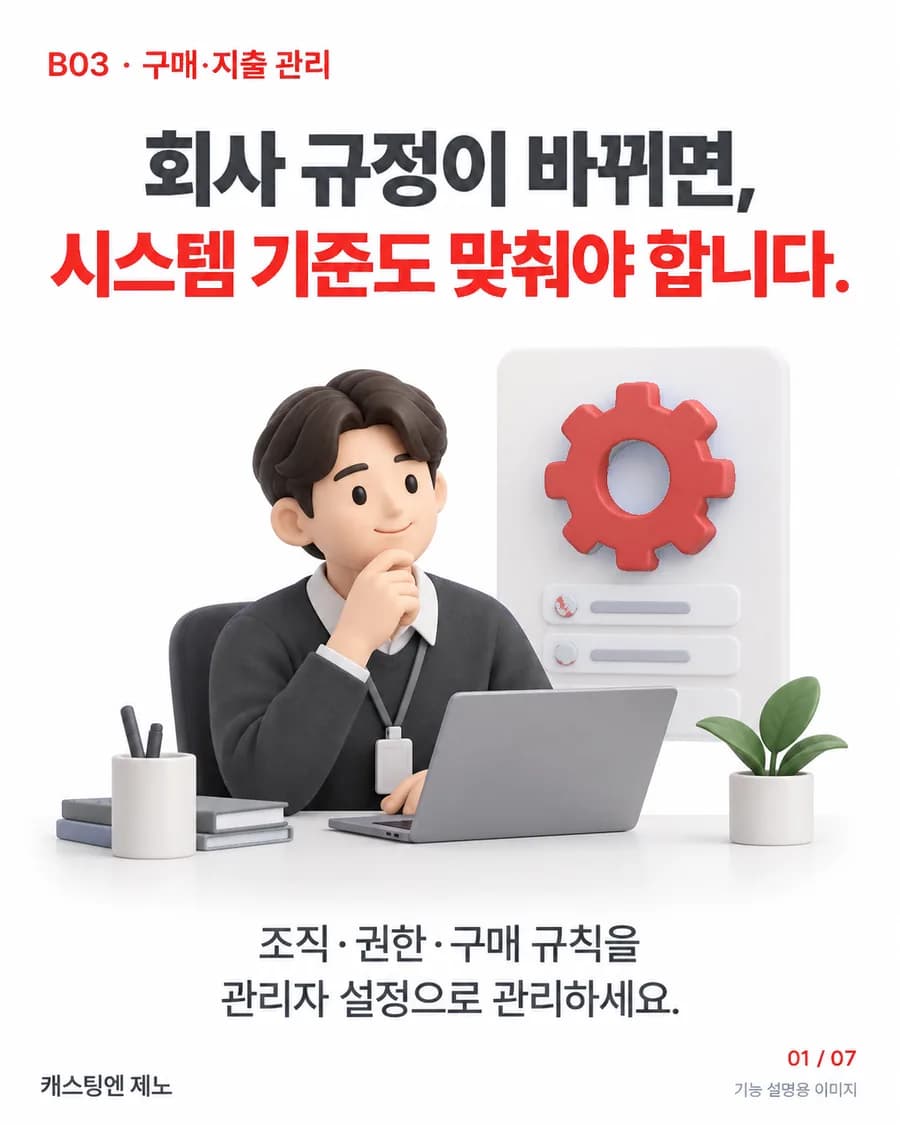 회사 규정이 바뀌면, 시스템 기준도 맞춰야 합니다. 조직·권한·구매 규칙을 관리자 설정으로 관리하세요.