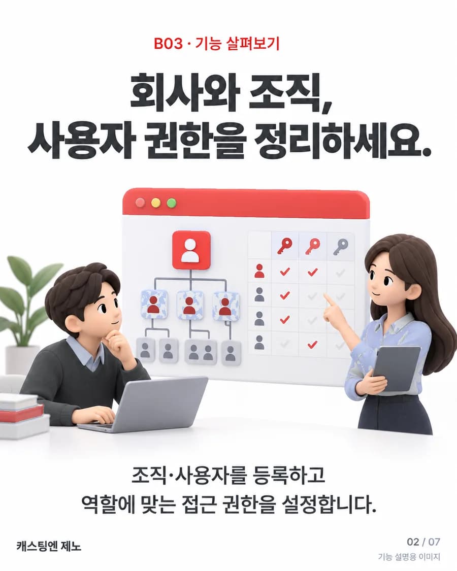 회사와 조직, 사용자 권한을 정리하세요. 조직·사용자를 등록하고 역할에 맞는 접근 권한을 설정합니다.