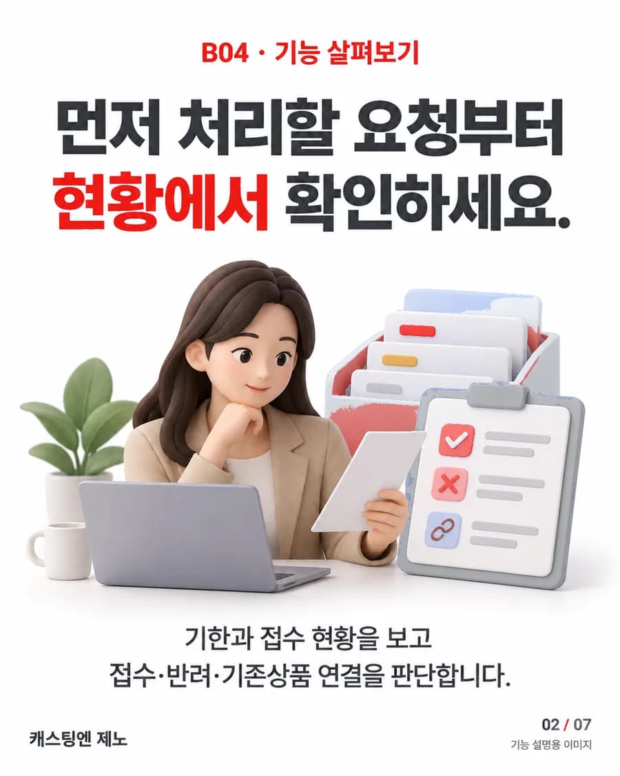 먼저 처리할 요청부터 현황에서 확인하세요. 기한과 접수 현황을 보고 접수·반려·기존상품 연결을 판단합니다.